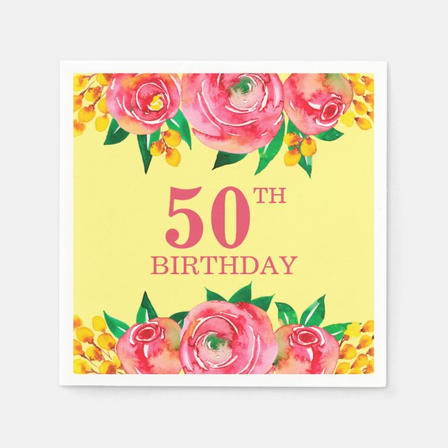 Vibrant Hot Pink and Yellow Watercolor Floral Napkin (Front)