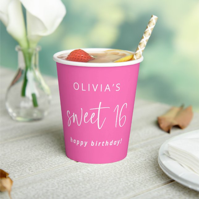 Vibrant Hot Pink Happy Sweet 16 Birthday Paper Cups (Insitu)