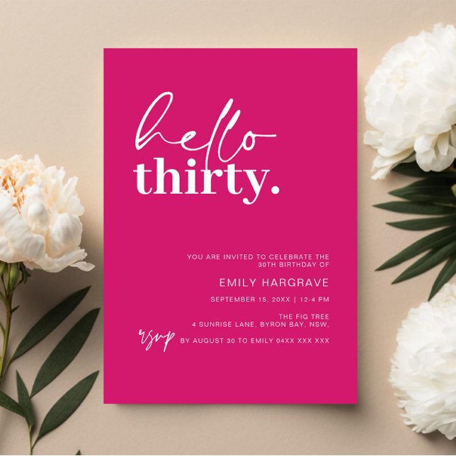 Vibrant Hot Pink Hello Thirty 30 Birthday Party Invitation (Creator Uploaded)