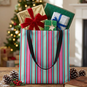 Vibrant Hot Pink Mint Aqua Red Retro Candy Stripes Tote Bag
