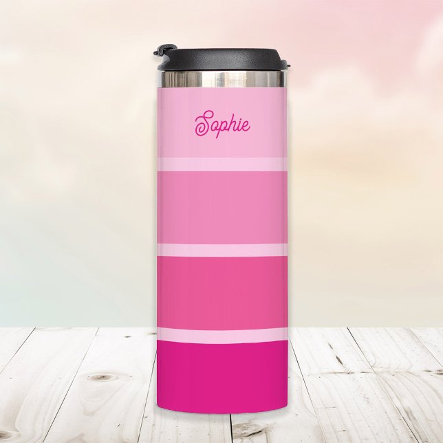 Vibrant Hot Pink | Ombre Stripes with Script Thermal Tumbler (A stylish tumbler with vibrant pink ombre stripes)