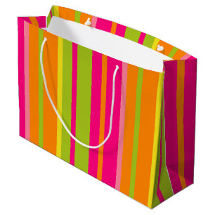 Vibrant Hot Pink, Orange, Green and Yellow Stripes Large Gift Bag