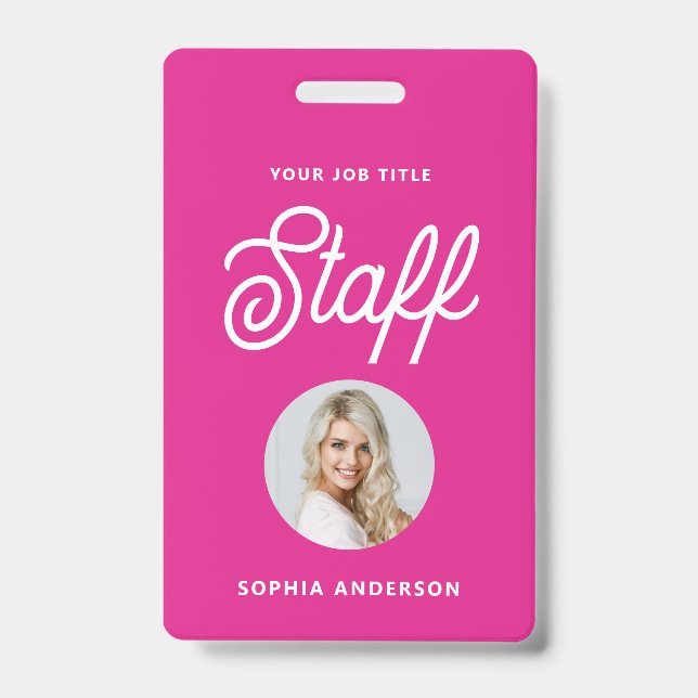Vibrant Hot Pink | Photo and Trendy Script ID Badge (Front)