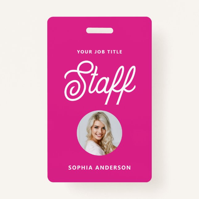Vibrant Hot Pink | Photo and Trendy Script ID Badge (Front)