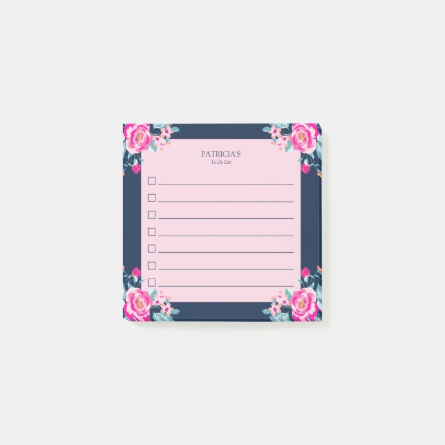 Vibrant Hot Pink Roses Custom Name To Do List Post-it Notes (Front)