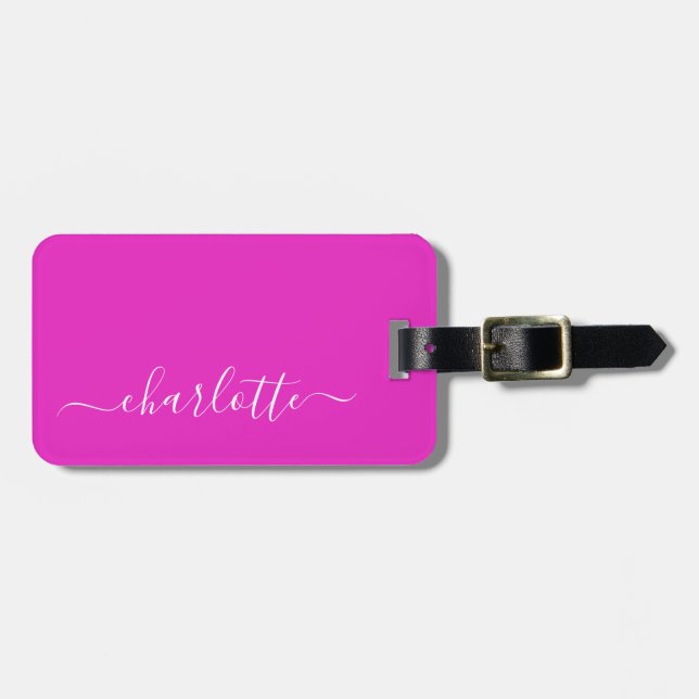 Vibrant Hot Pink Script Name Personalised Luggage Tag (Front Horizontal)