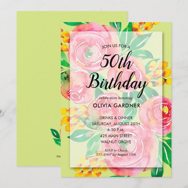Vibrant Hot Pink Yellow Watercolor Floral Invites (Front/Back)