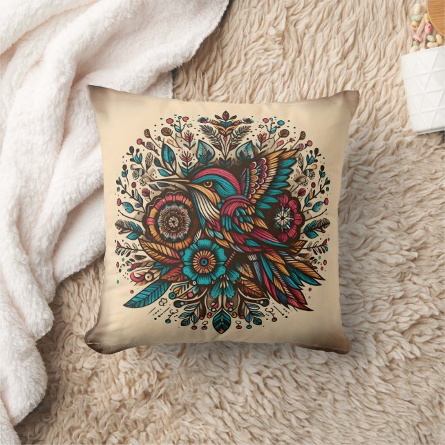 Vibrant hummingbird among floral designs at dusk cushion (Blanket)
