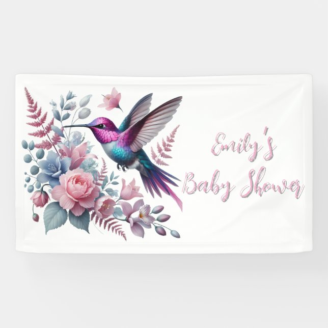 Vibrant Hummingbird And Pink Blooms Baby Shower Banner (Horizontal)