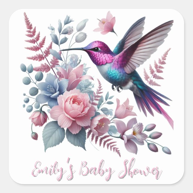 Vibrant Hummingbird And Pink Blooms Baby Shower Square Sticker (Front)