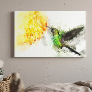 Vibrant Hummingbird and Yellow Floral Watercolor Canvas Print