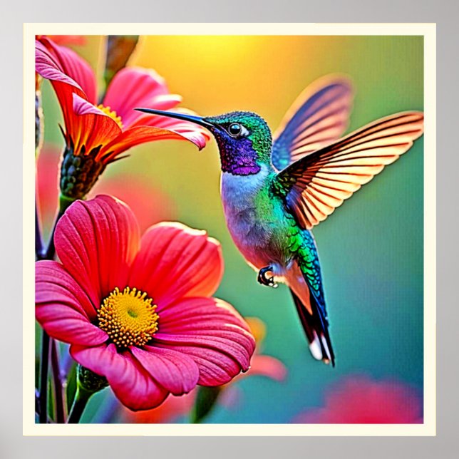 Vibrant Hummingbird at Sunset Design Poster (Front)