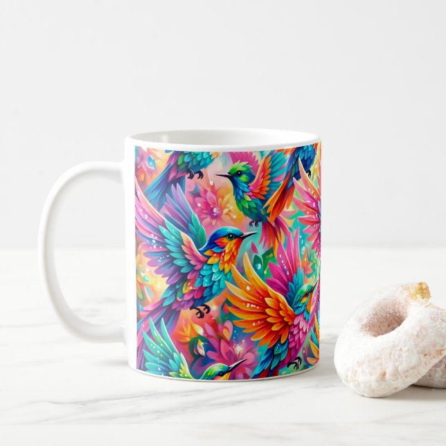 Vibrant Hummingbird Dreamscape – Tropical Boho Coffee Mug (With Donut)