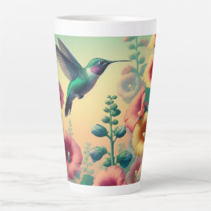Vibrant Hummingbird Flies Among Colourful Flowers Latte Mug