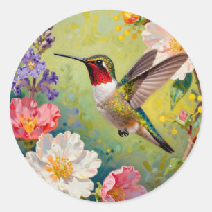 Vibrant Hummingbird Floral Garden Classic Round Sticker