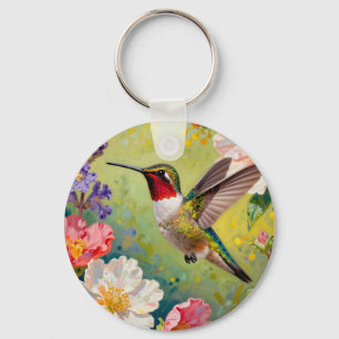 Vibrant Hummingbird Floral Garden Key Ring