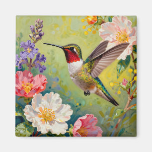 Vibrant Hummingbird Floral Garden Magnet