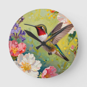 Vibrant Hummingbird Floral Garden Round Clock