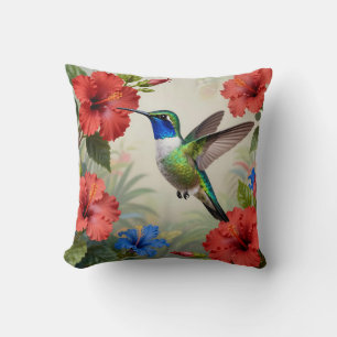 Vibrant Hummingbird Hibiscus Floral Cushion