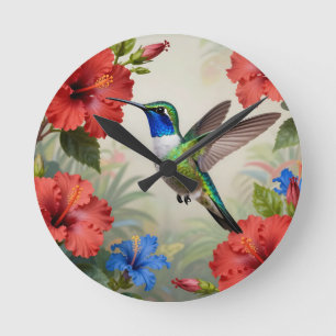 Vibrant Hummingbird Hibiscus Floral Round Clock