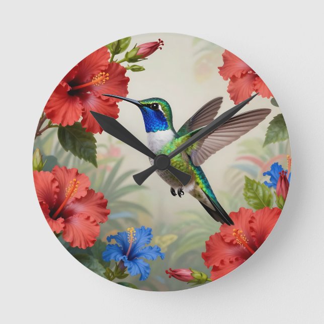 Vibrant Hummingbird Hibiscus Floral Round Clock (Front)
