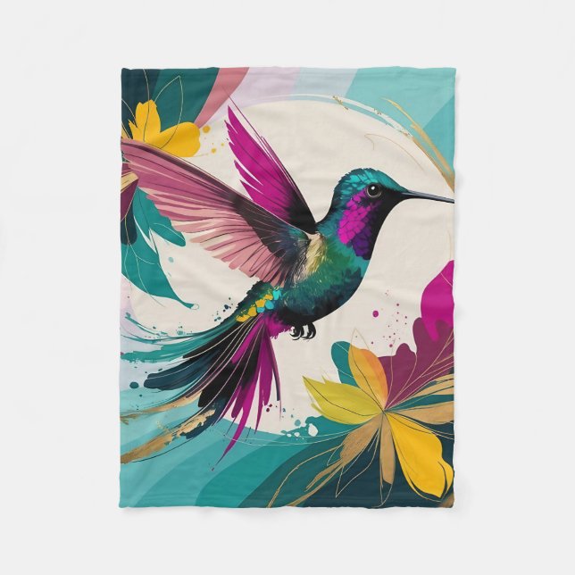 Vibrant Hummingbird in Flight: A Tropical Abstract Fleece Blanket (Front)