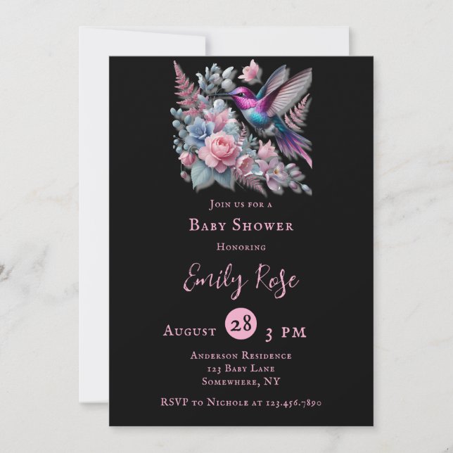 Vibrant Hummingbird & Pink Blooms Girl Baby Shower Invitation (Front)