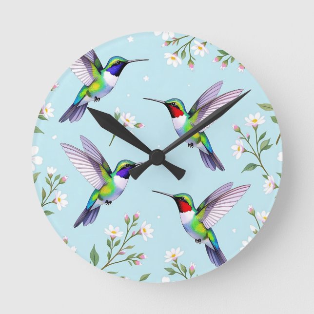 Vibrant Hummingbirds and White Cherry Blossom Round Clock (Front)