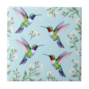 Vibrant Hummingbirds and White Cherry Blossom Tile