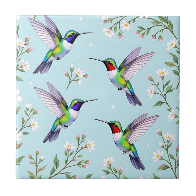Vibrant Hummingbirds and White Cherry Blossom Tile (Front)