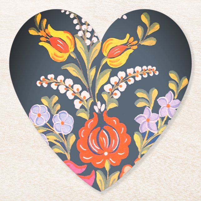 Vibrant Hungarian flowers   heart  shaped Paper Coaster (Front)