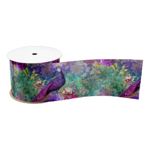 Vibrant Illustrated Peacock Pattern Satin Ribbon