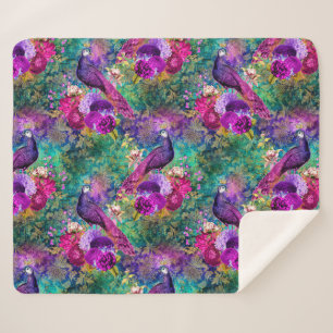 Vibrant Illustrated Peacock Pattern Sherpa Blanket