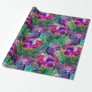 Vibrant Illustrated Peacock Pattern Wrapping Paper