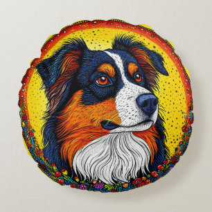 Vibrant Illustrated Portrait of a Dog Round Cushion
