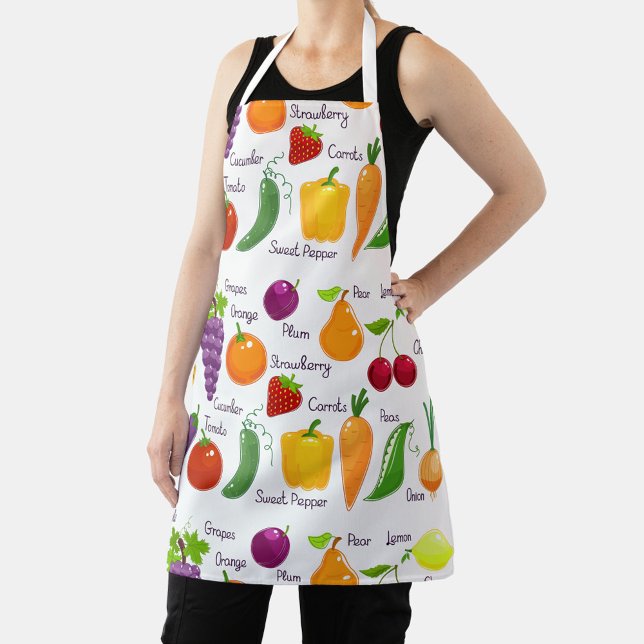 Vibrant Illustrations of Fruits and Vegetables Apron (Size: All-Over Print Apron, Medium 26"x30")