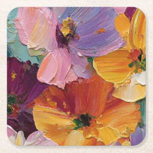 Vibrant Impasto Floral Painting Square Coaster