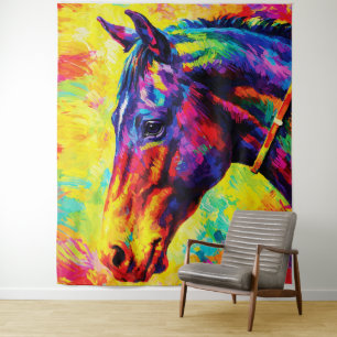 Vibrant Impasto Horse Portrait Colourful Wild Tapestry