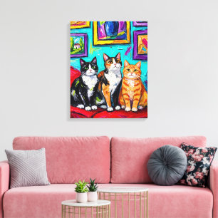Vibrant Impasto Three Cats Gallery Wall Canvas Print