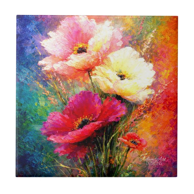 Vibrant Impressionist Poppy Flowers Tile (Front)