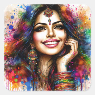 Vibrant Indian Beauty Festival Art Square Sticker