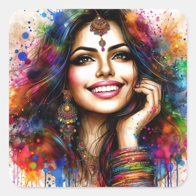Vibrant Indian Beauty Festival Art Square Sticker (Front)