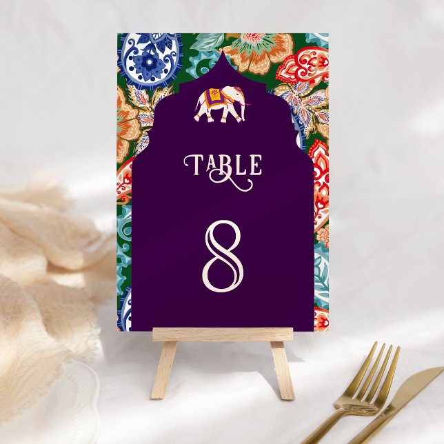 Vibrant Indian Folk Art Elephant Aubergine Wedding Table Number (Creator Uploaded)