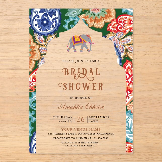 Vibrant Indian Folk Art Elephant Bridal Shower Acrylic Invitations (Front)