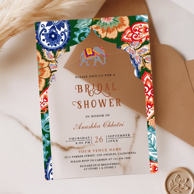 Vibrant Indian Folk Art Elephant Bridal Shower Acrylic Invitations (Creator Uploaded)