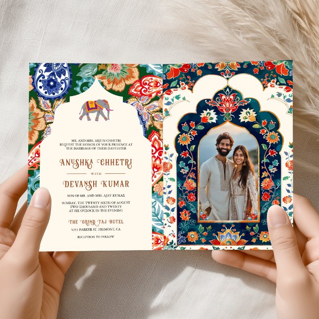 Vibrant Indian Folk Art Elephant Cream Wedding Invitation (Creator Uploaded)