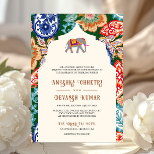 Vibrant Indian Folk Art Elephant Cream Wedding Invitation