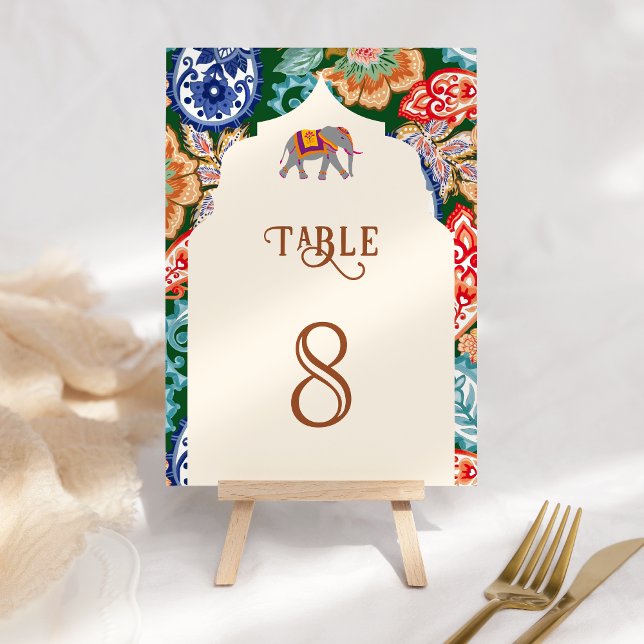 Vibrant Indian Folk Art Elephant Cream Wedding Table Number (Creator Uploaded)