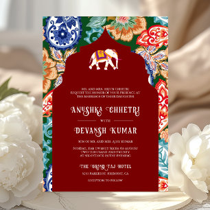 Vibrant Indian Folk Art Elephant Dark Red Wedding Invitation