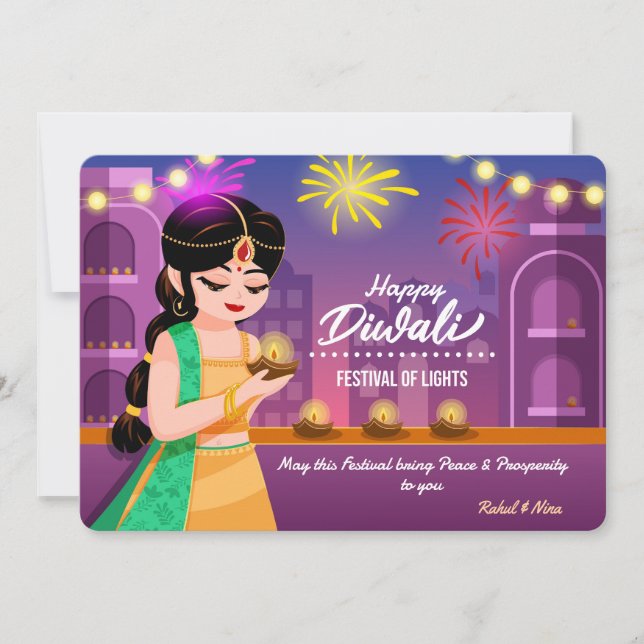 Vibrant Indian Girl Happy Diwali Festival of Light Holiday Card (Front)